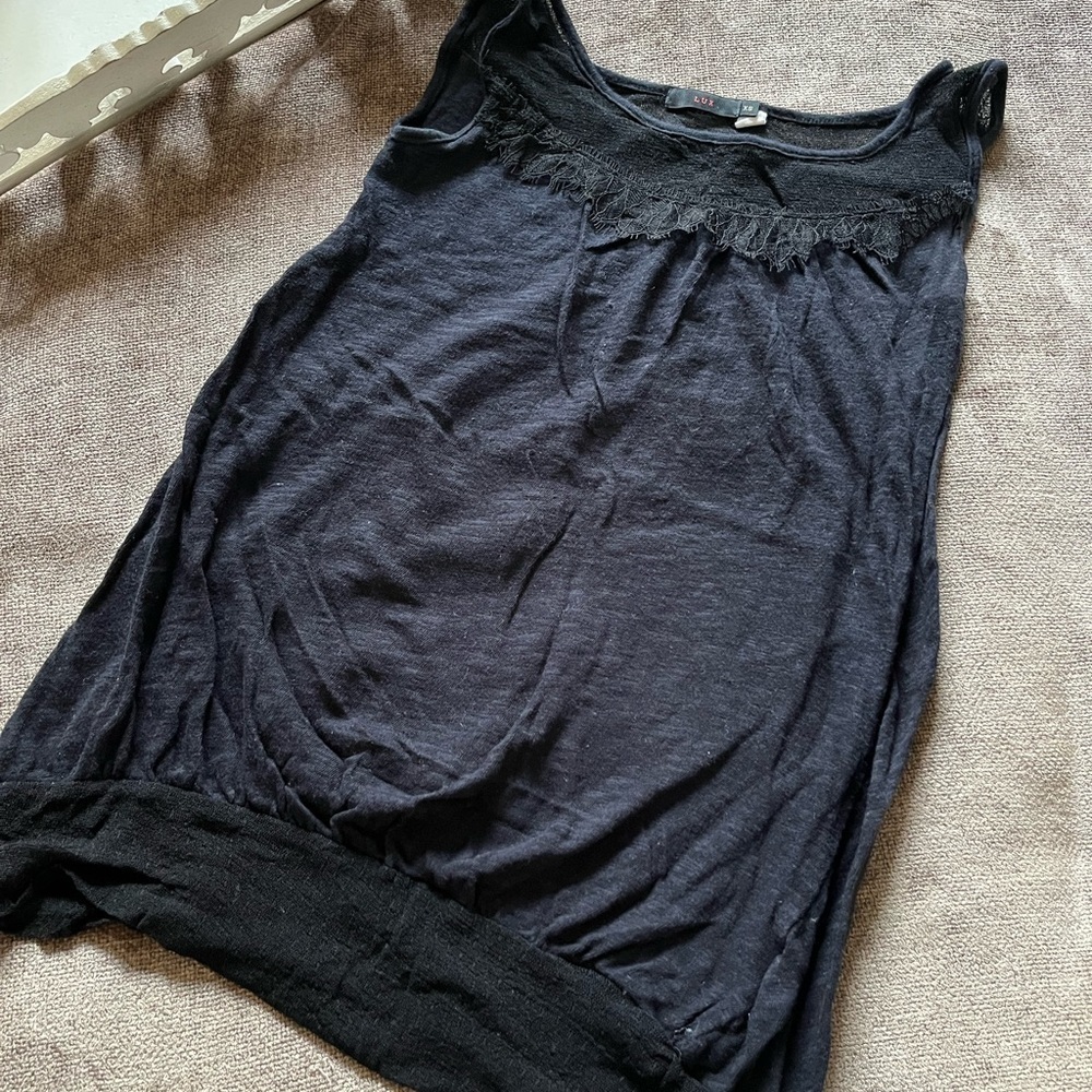 LUX Black Boat Neck Tank Top with Lace - XS
